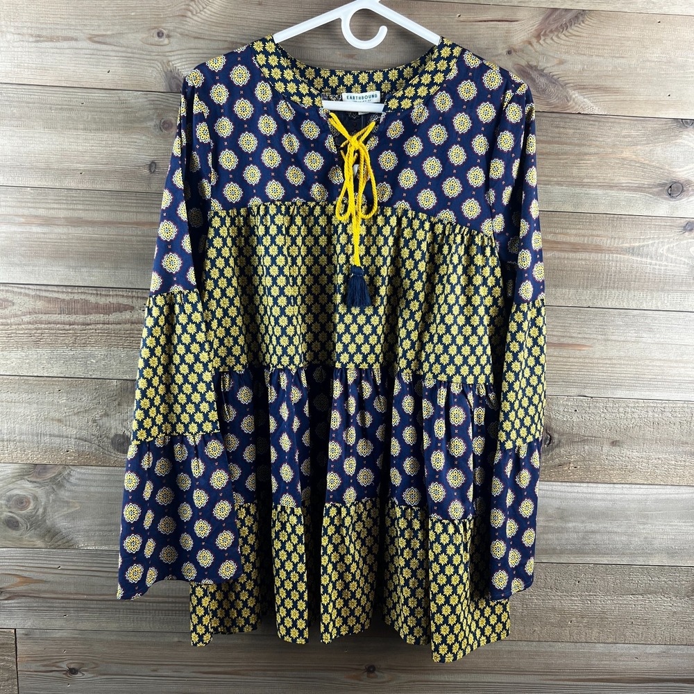 Earthbound Trading Womens Shirt Long Sleeve Floral Tiered Tunic Boho Size Medium
